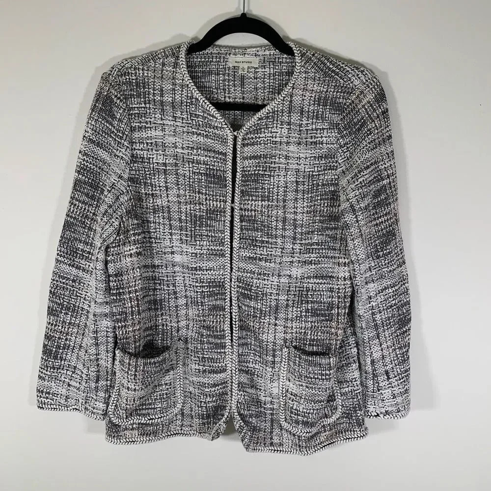 Max Studio Cardigan Womenβs Large White Black Tweed Sweater Cardigan